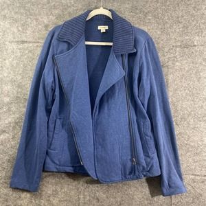 LL Bean Moto Jacket Blue Large Knit Asymmetrical Full Zip Long Sleeve Collared